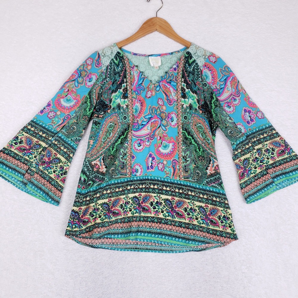 Altar'd State Womens Small‎ Paisley Floral Bell Sleeve Boho Lace V-Neck Blouse